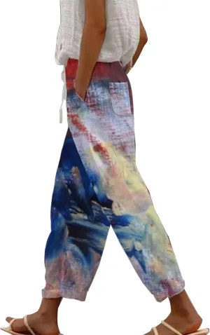 Boho Linen Pants for Women 2025 Sleeve Independence Day American Flag Print Family Print Pants Capri Pants 2025