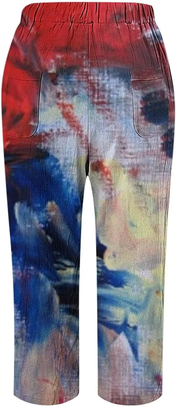 Boho Linen Pants for Women 2025 Sleeve Independence Day American Flag Print Family Print Pants Capri Pants 2025