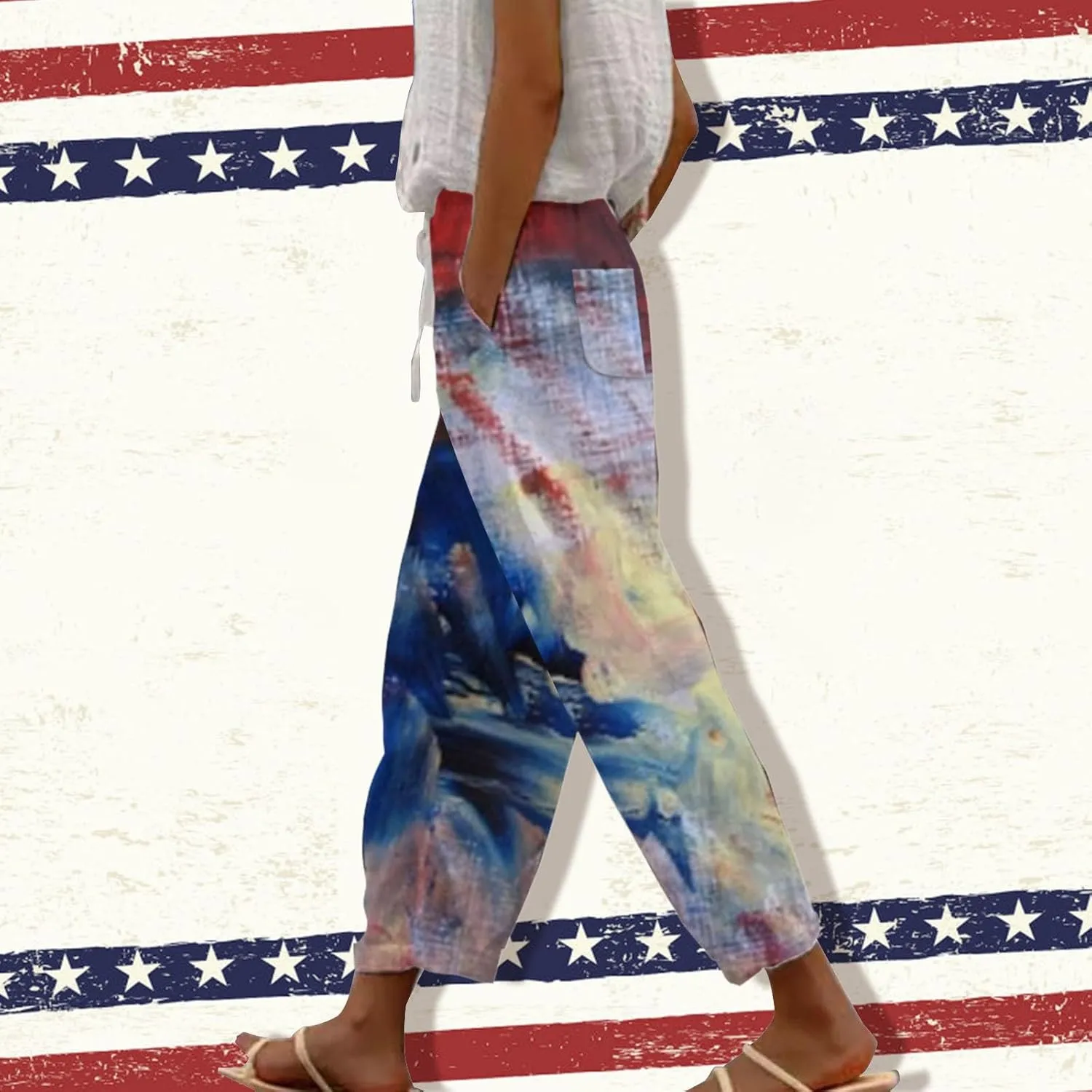 Boho Linen Pants for Women 2025 Sleeve Independence Day American Flag Print Family Print Pants Capri Pants 2025