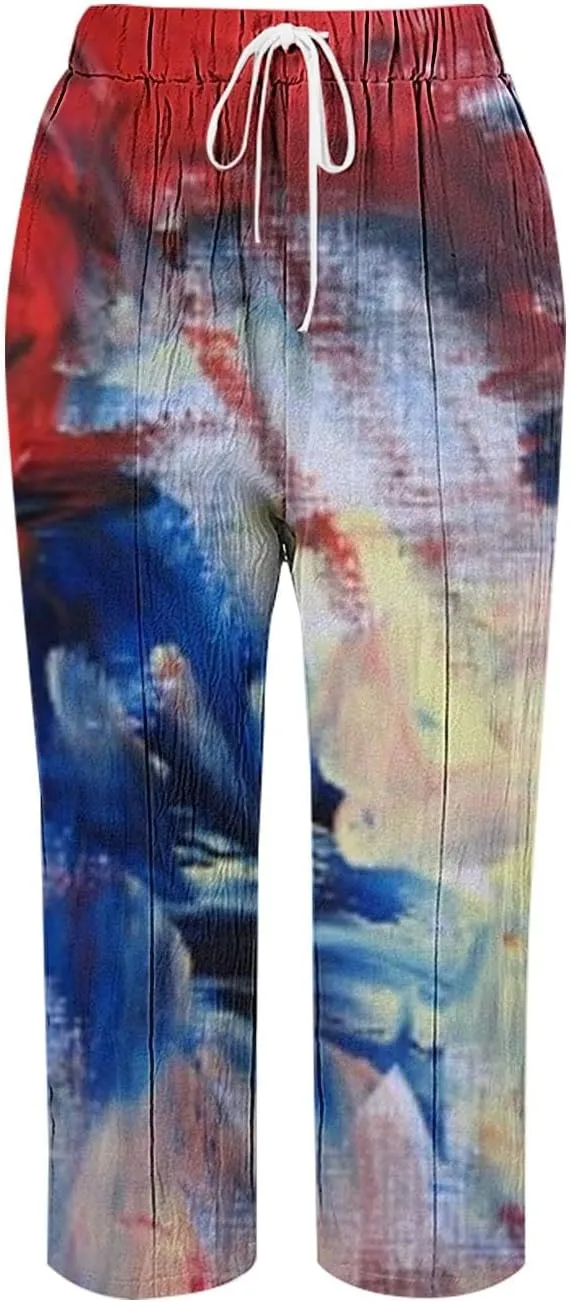 Boho Linen Pants for Women 2025 Sleeve Independence Day American Flag Print Family Print Pants Capri Pants 2025