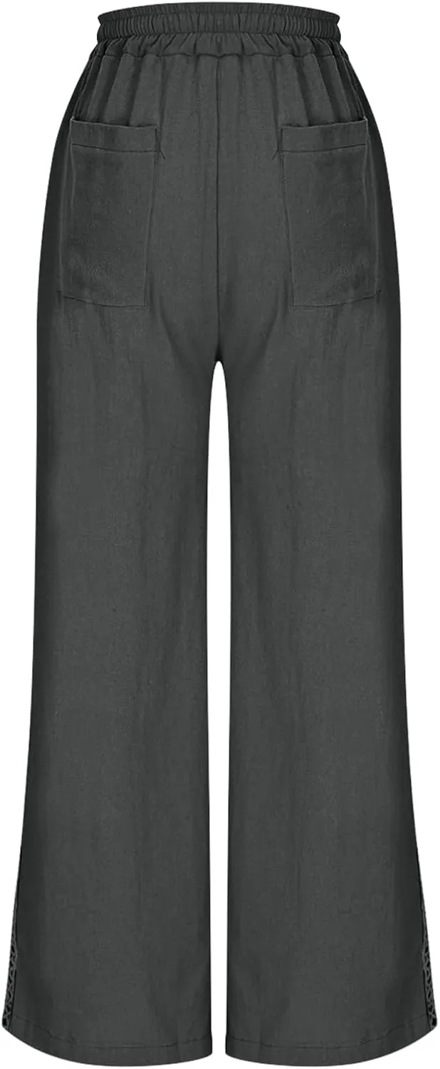 Borniu Wide Leg Solid Color Pants for Women Summer Capri Palazzo Flowy Pants Casual Loose High Waist Trousers with Pockets
