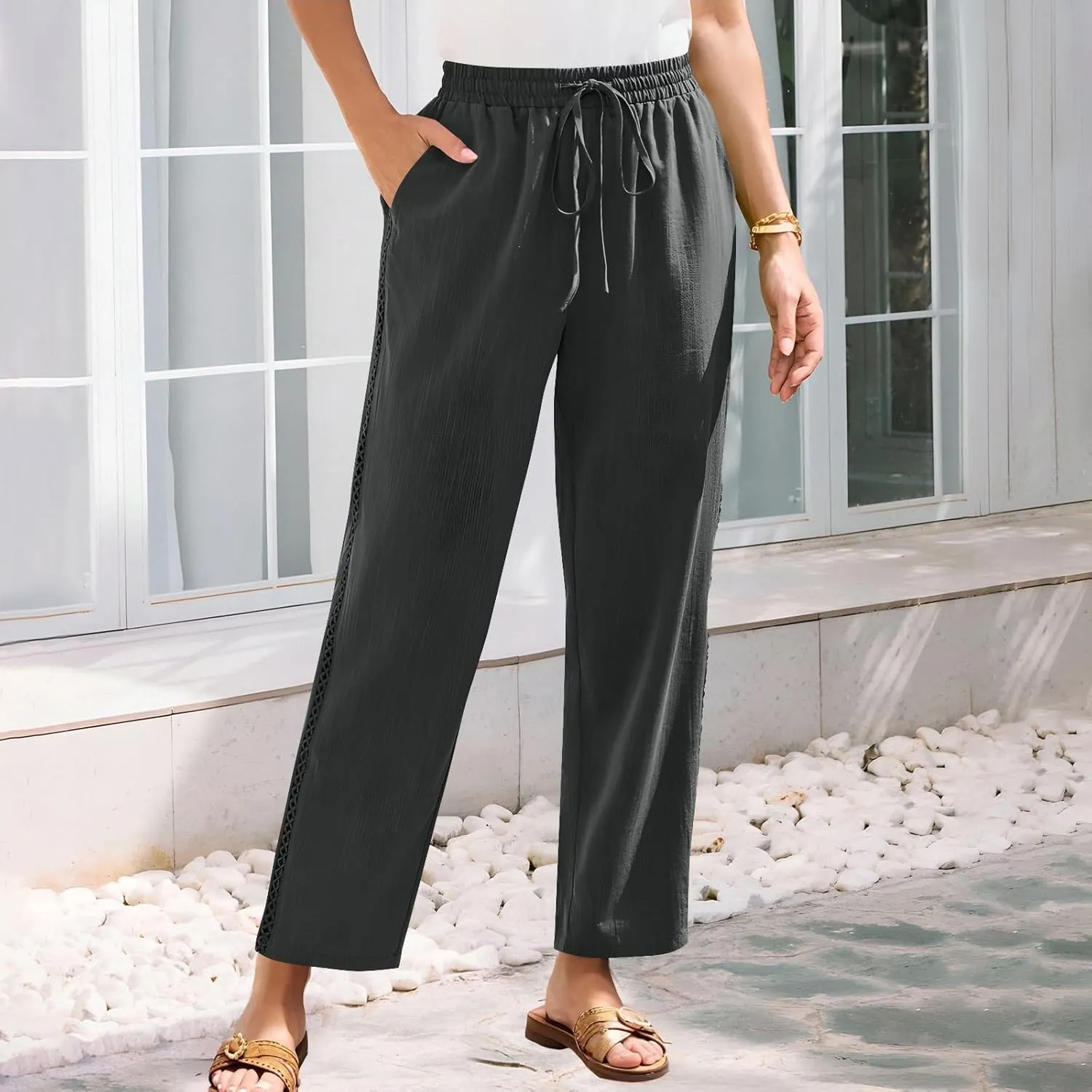 Borniu Wide Leg Solid Color Pants for Women Summer Capri Palazzo Flowy Pants Casual Loose High Waist Trousers with Pockets