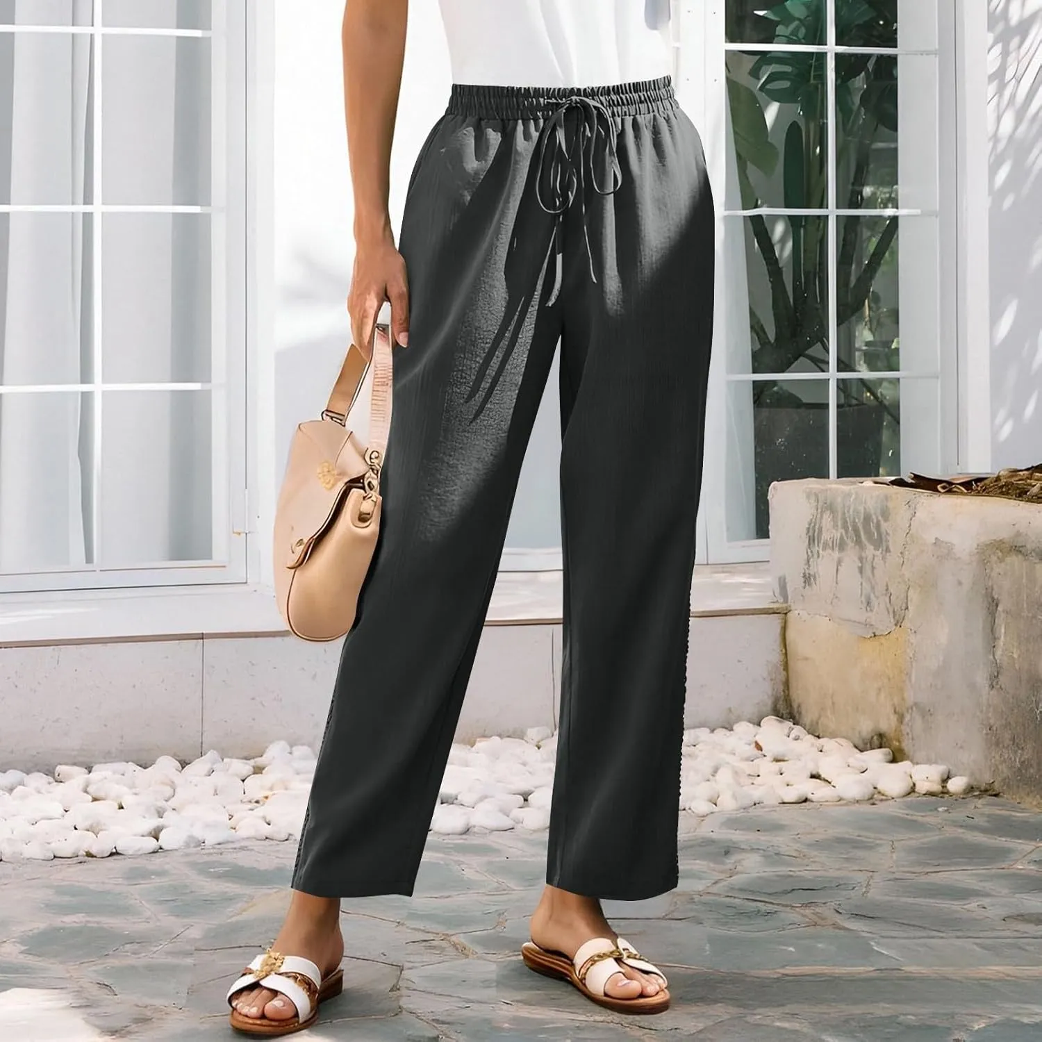 Borniu Wide Leg Solid Color Pants for Women Summer Capri Palazzo Flowy Pants Casual Loose High Waist Trousers with Pockets