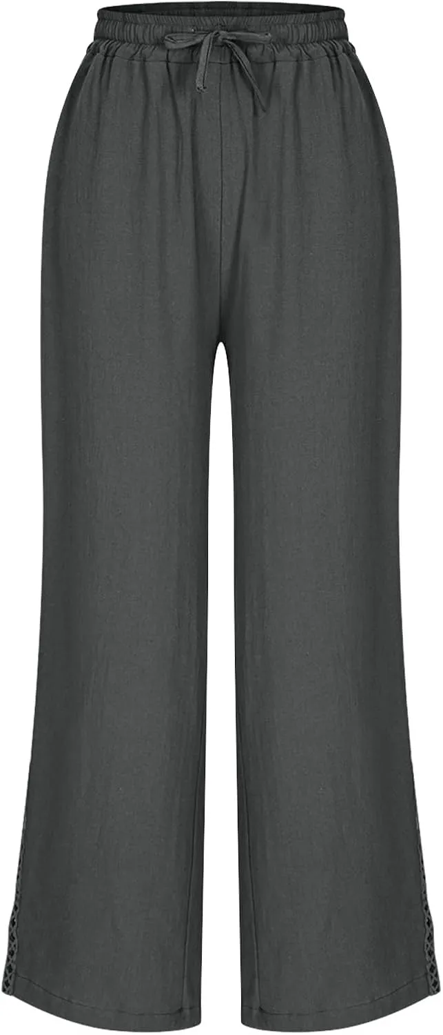 Borniu Wide Leg Solid Color Pants for Women Summer Capri Palazzo Flowy Pants Casual Loose High Waist Trousers with Pockets