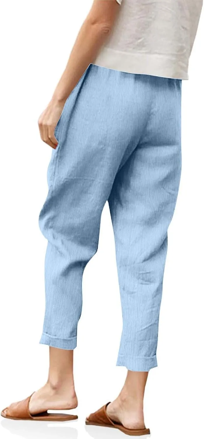 Borniu Womens Linen Pants with Pockets High Waist Comfy Solid Color Elastic Waist Pants Casual Lightweight Loose Trousers