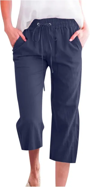 BZGTZT Linen Pants for Women Wide Leg Capris Summer Casual Loose Elastic Drawstring High Waist Cropped Trousers with Pocket