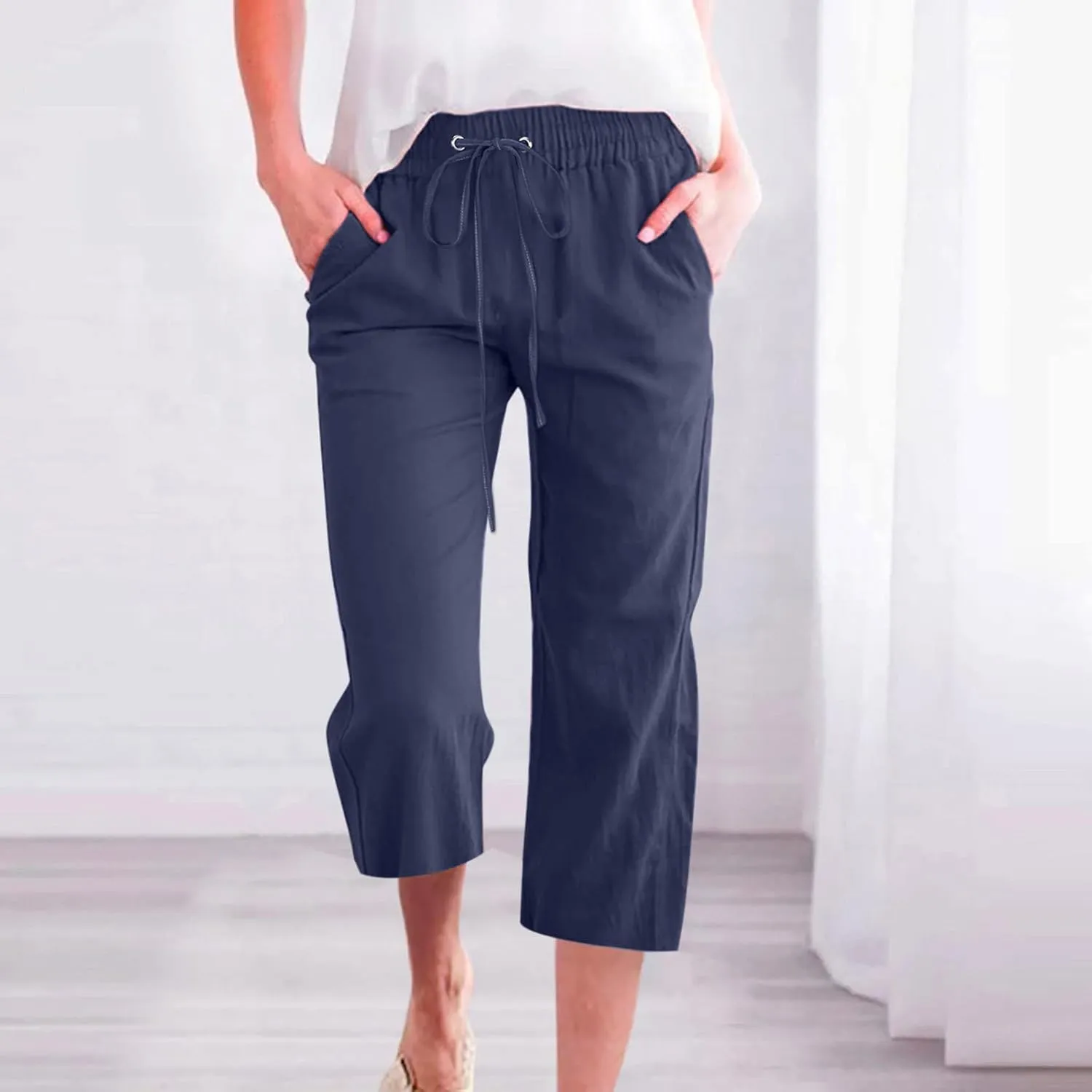BZGTZT Linen Pants for Women Wide Leg Capris Summer Casual Loose Elastic Drawstring High Waist Cropped Trousers with Pocket