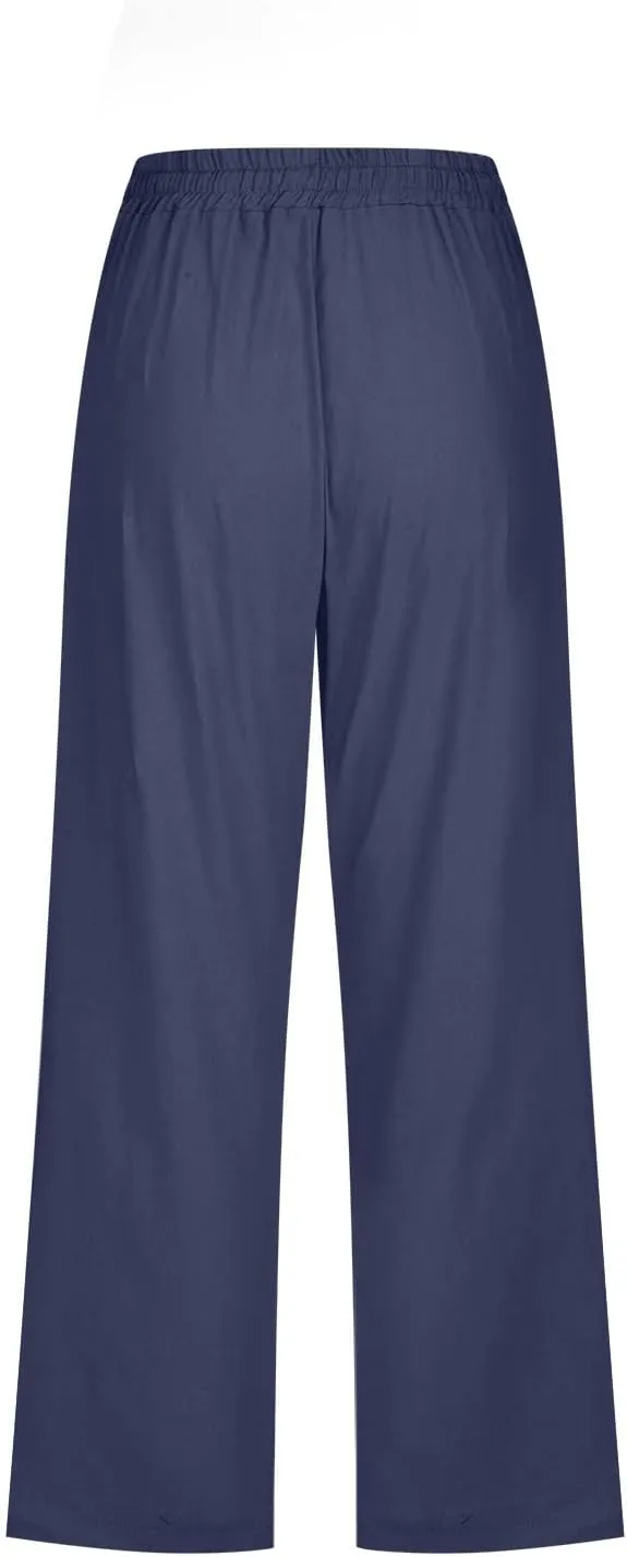 BZGTZT Linen Pants for Women Wide Leg Capris Summer Casual Loose Elastic Drawstring High Waist Cropped Trousers with Pocket