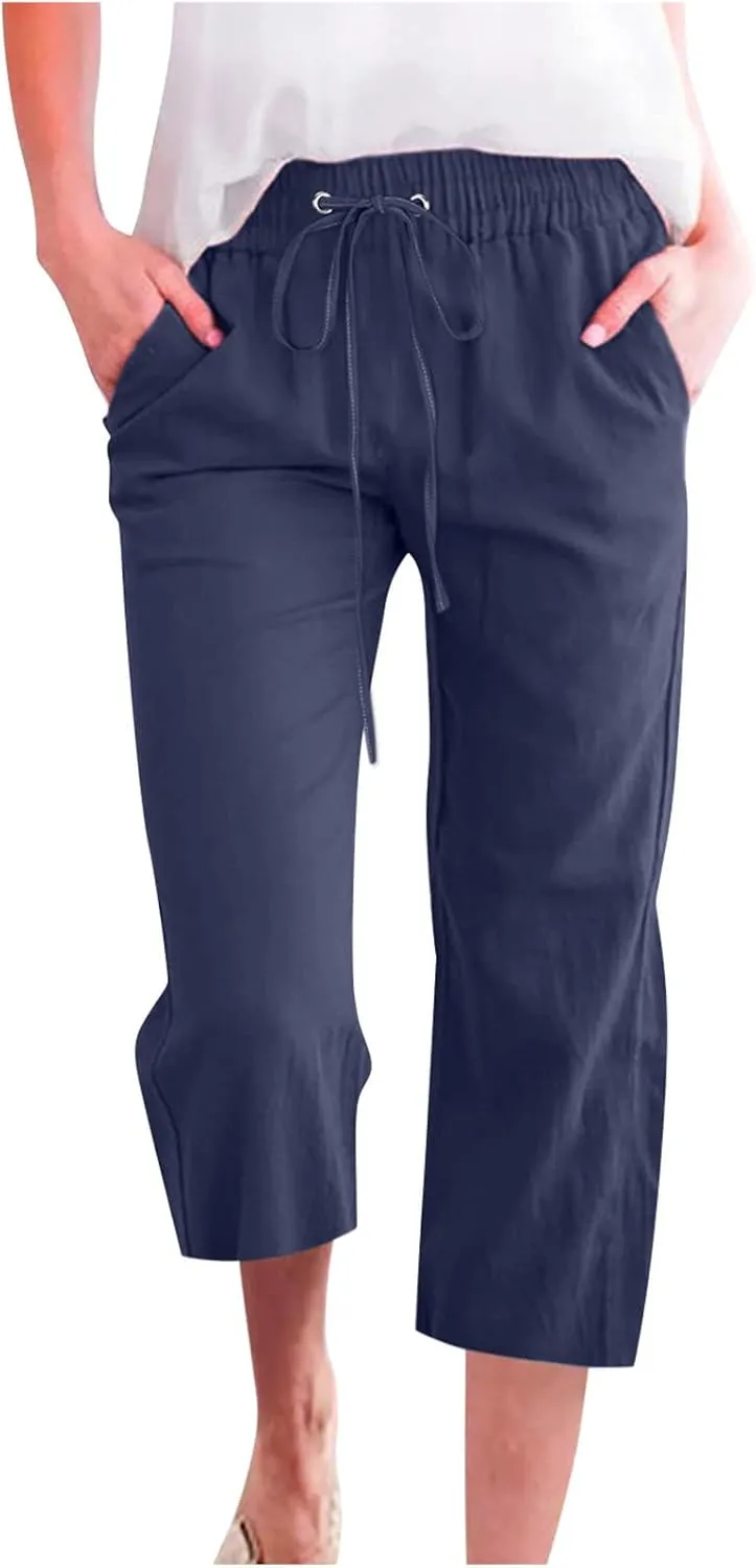 BZGTZT Linen Pants for Women Wide Leg Capris Summer Casual Loose Elastic Drawstring High Waist Cropped Trousers with Pocket