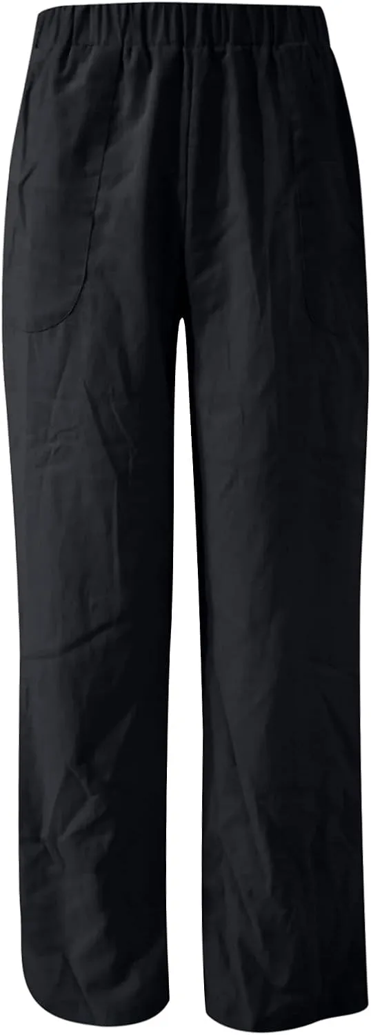 BZGTZT Women's Cotton Linen Pants Summer Casual Wide Leg Trousers Elastic High Waist Loose Fit Lounge Pants with Pocket