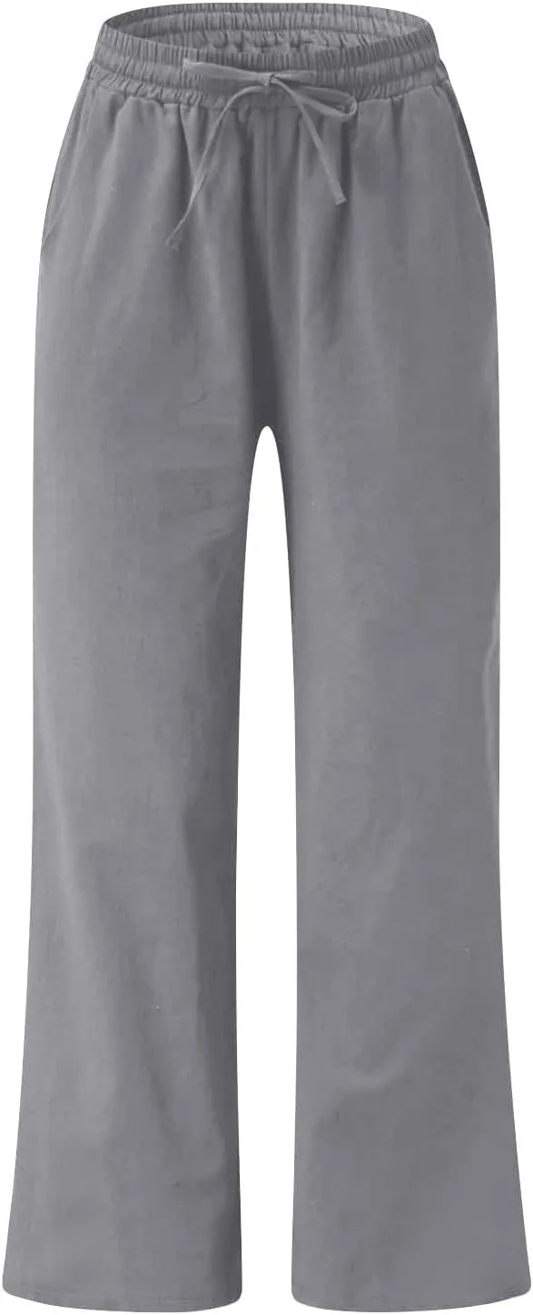 BZGTZT Women's Cotton Linen Pants Summer Casual Wide Leg Trousers Elastic Waist Drawstring Loose Lounge Pants with Pocket