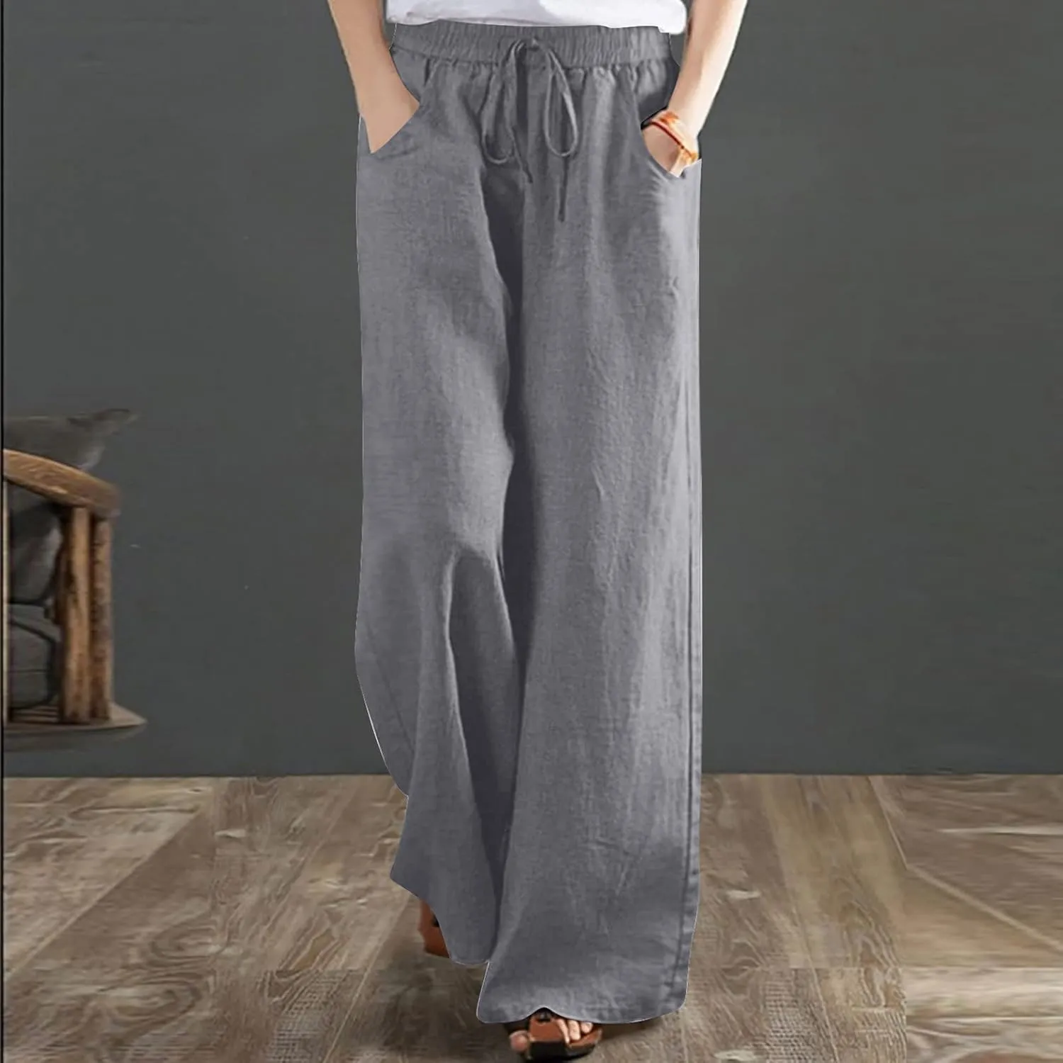 BZGTZT Women's Cotton Linen Pants Summer Casual Wide Leg Trousers Elastic Waist Drawstring Loose Lounge Pants with Pocket