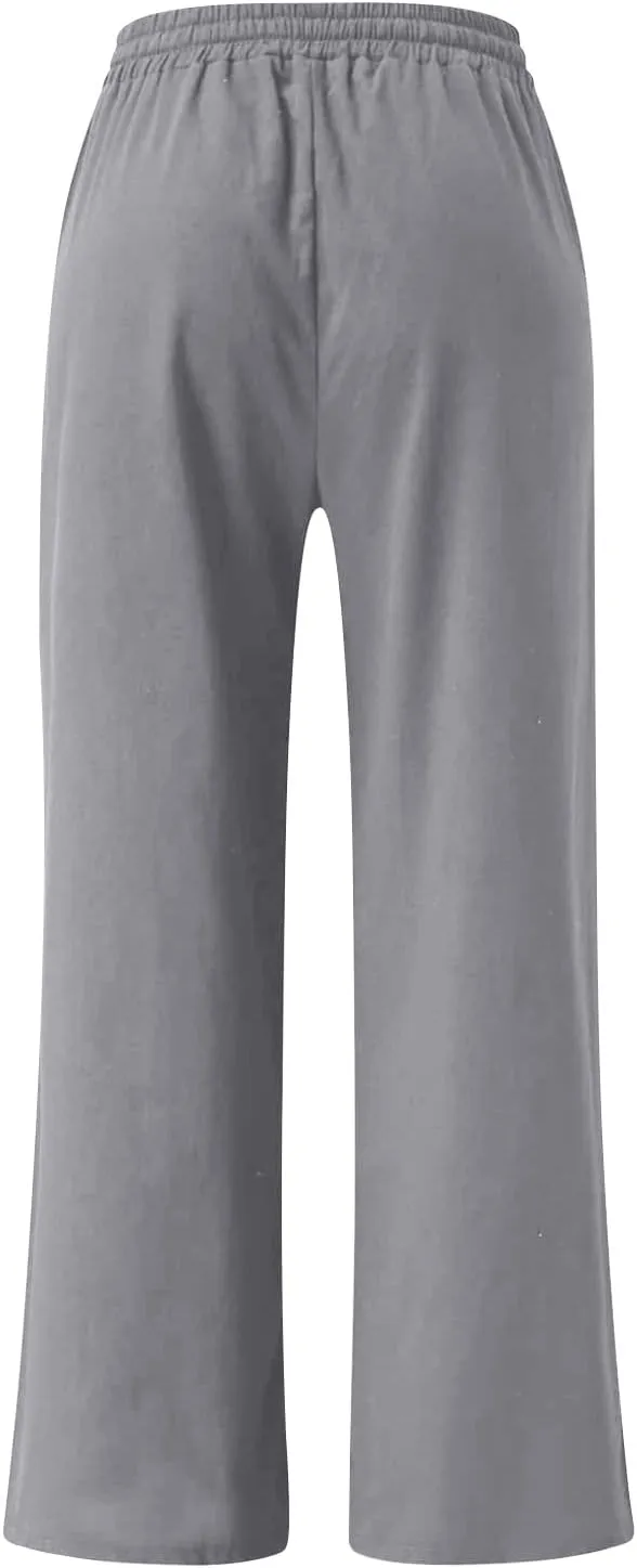 BZGTZT Women's Cotton Linen Pants Summer Casual Wide Leg Trousers Elastic Waist Drawstring Loose Lounge Pants with Pocket