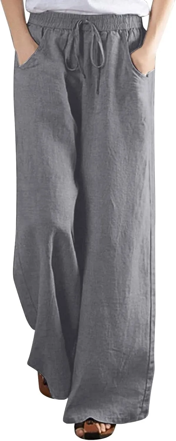 BZGTZT Women's Cotton Linen Pants Summer Casual Wide Leg Trousers Elastic Waist Drawstring Loose Lounge Pants with Pocket