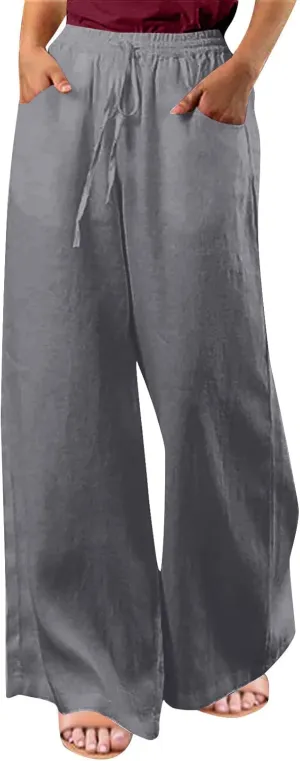 BZGTZT Women's Cotton Linen Pants Summer Casual Wide Leg Trousers Elastic Waist Drawstring Loose Lounge Pants with Pocket