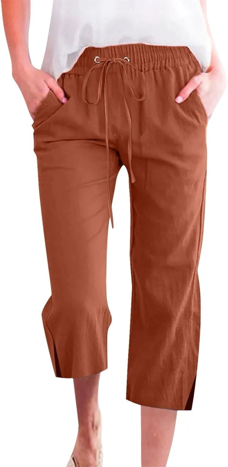 Capri Linen Pants for Women Summer Casual Wide Leg Pants Loose Fit Palazzo Pants Elastic Waist Cropped Trousers S-5X