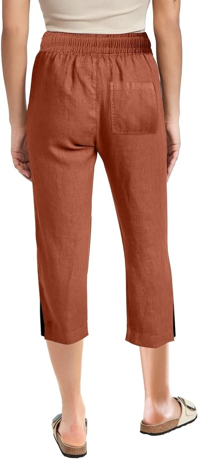 Capri Linen Pants for Women Summer Casual Wide Leg Pants Loose Fit Palazzo Pants Elastic Waist Cropped Trousers S-5X