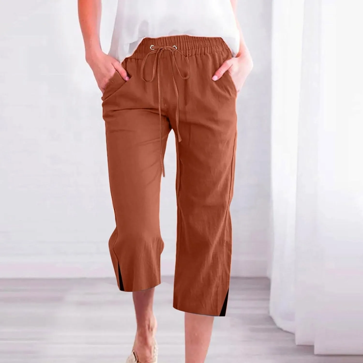Capri Linen Pants for Women Summer Casual Wide Leg Pants Loose Fit Palazzo Pants Elastic Waist Cropped Trousers S-5X