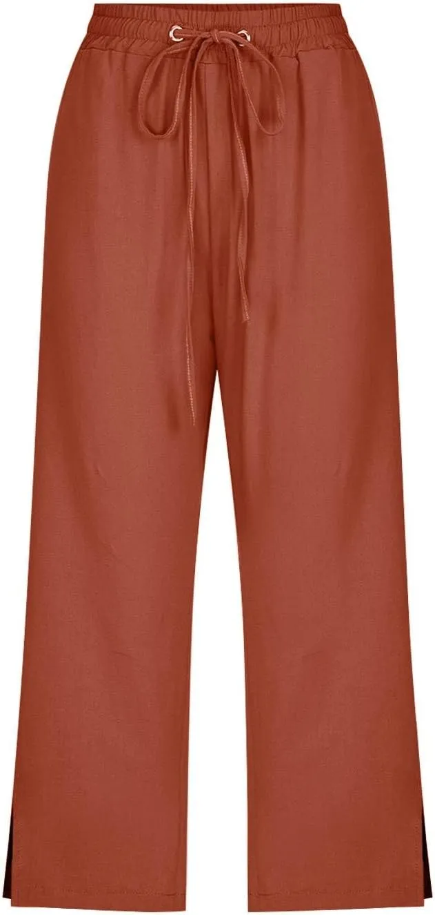 Capri Linen Pants for Women Summer Casual Wide Leg Pants Loose Fit Palazzo Pants Elastic Waist Cropped Trousers S-5X