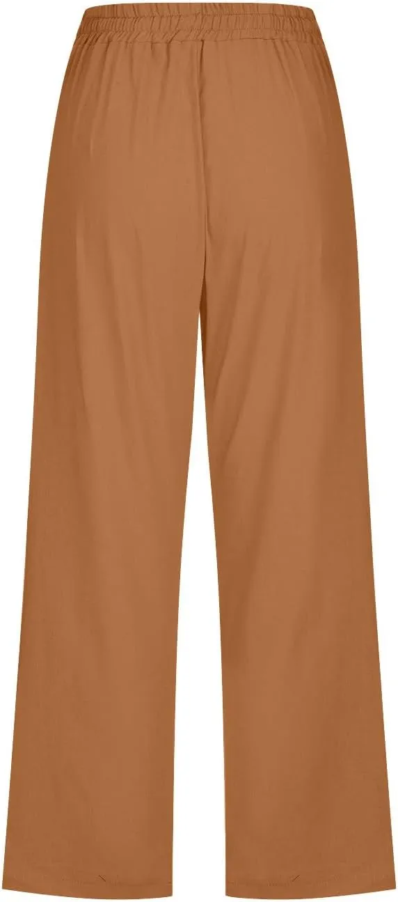 Capri Pants for Women Casual Cotton Linen Pants Plus Size Summer Pants Wide Leg Palazzo Pants Drawstring Linen Pants
