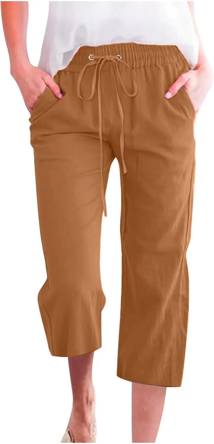 Capri Pants for Women Casual Cotton Linen Pants Plus Size Summer Pants Wide Leg Palazzo Pants Drawstring Linen Pants
