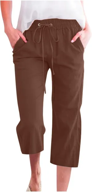Capri Pants for Women Casual Cotton Linen Pants Plus Size Summer Pants Wide Leg Palazzo Pants Drawstring Linen Pants