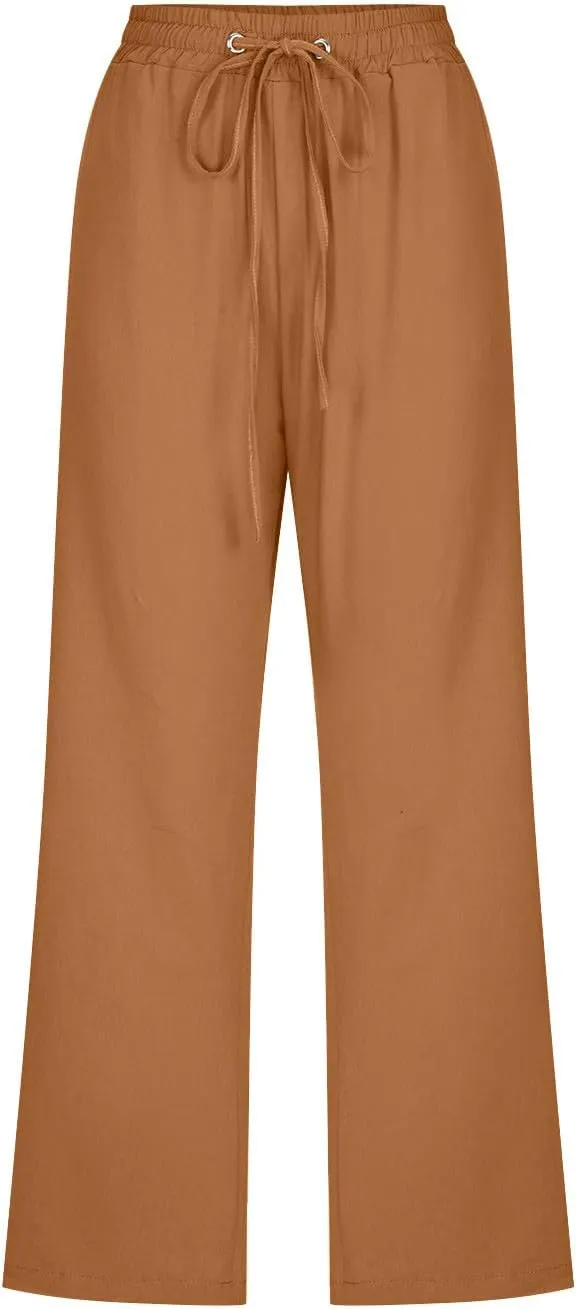 Capri Pants for Women Casual Cotton Linen Pants Plus Size Summer Pants Wide Leg Palazzo Pants Drawstring Linen Pants