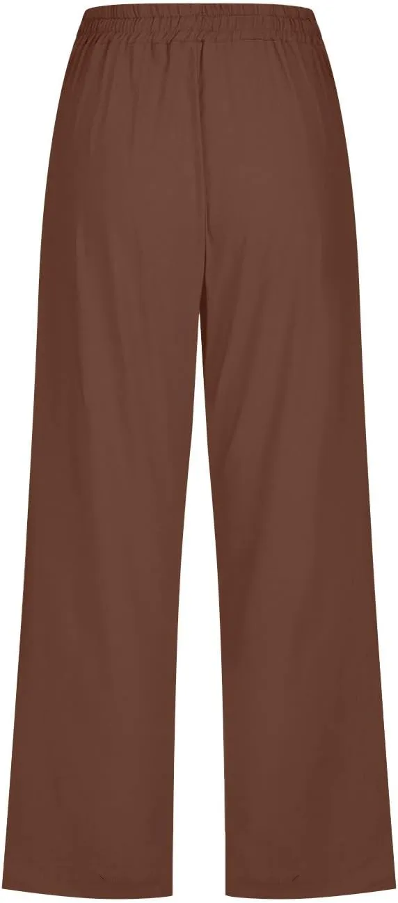 Capri Pants for Women Casual Cotton Linen Pants Plus Size Summer Pants Wide Leg Palazzo Pants Drawstring Linen Pants