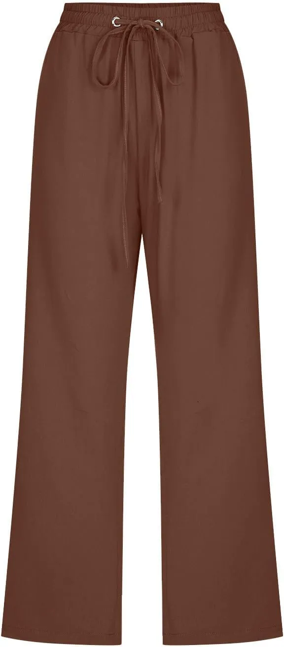 Capri Pants for Women Casual Cotton Linen Pants Plus Size Summer Pants Wide Leg Palazzo Pants Drawstring Linen Pants