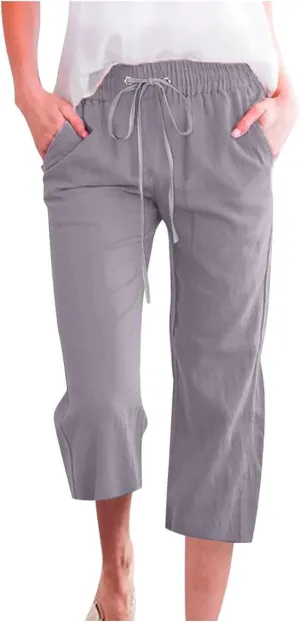 Capri Pants for Women Casual Summer Elastic High Waist Drawstring Linen Straight Cropped Trouser Comfy Beach Pants