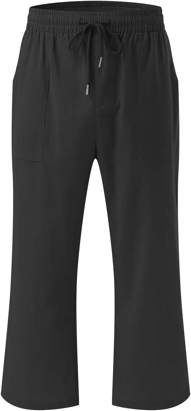 Capri Pants for Women Cotton Linen Pant Casual Summer Plus Size Drawstring Elastic Waist Capris Trouser with Pockets