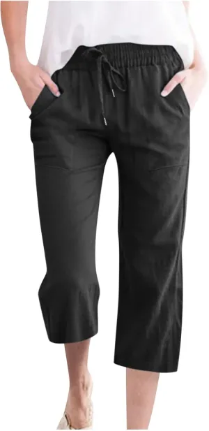 Capri Pants for Women Cotton Linen Pant Casual Summer Plus Size Drawstring Elastic Waist Capris Trouser with Pockets