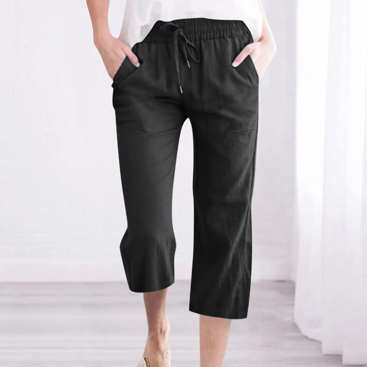Capri Pants for Women Cotton Linen Pant Casual Summer Plus Size Drawstring Elastic Waist Capris Trouser with Pockets