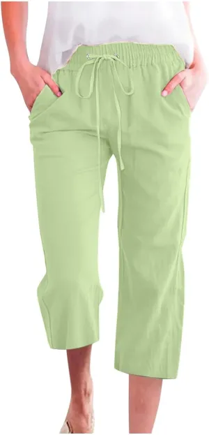 Capris Pants for Women Cotton Linen Casual Summer 2025 Straight Leg Loose Drawstring Elastic Waist Cropped Trouser