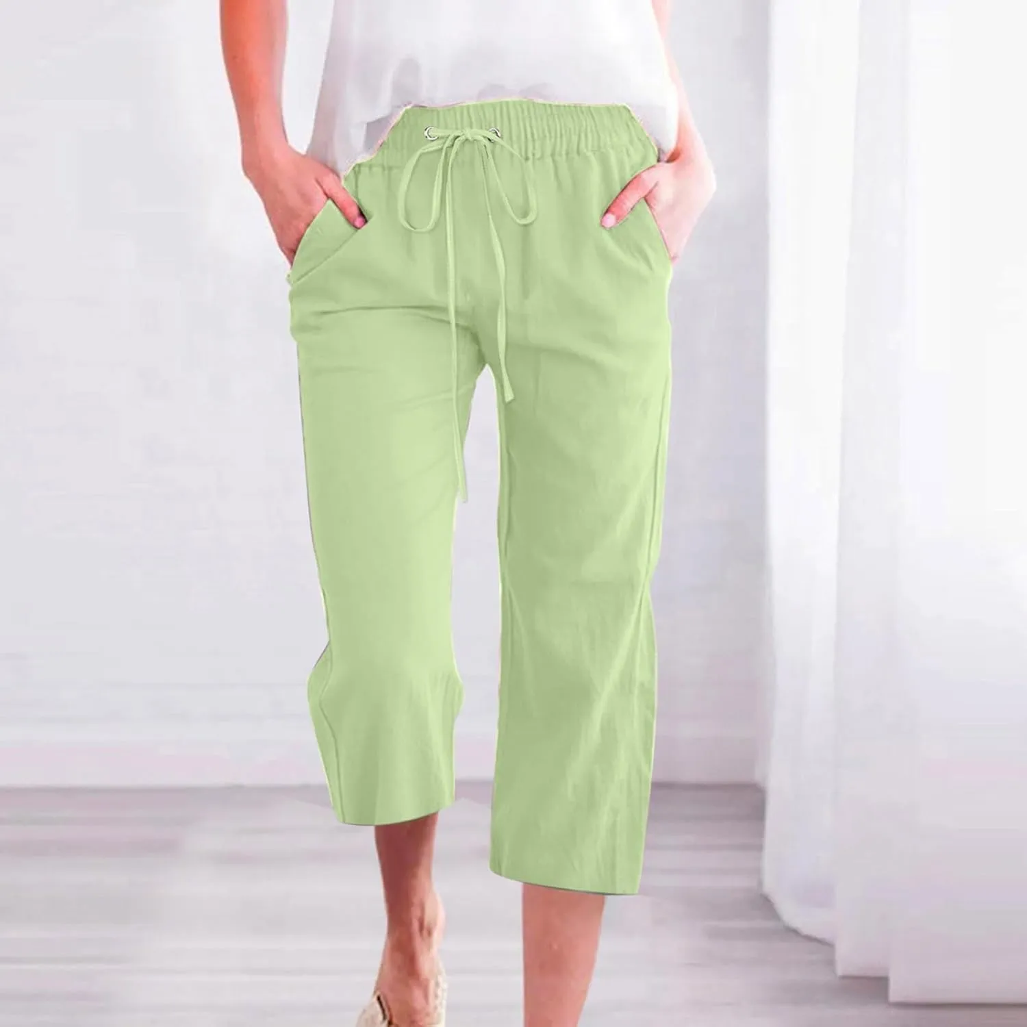 Capris Pants for Women Cotton Linen Casual Summer 2025 Straight Leg Loose Drawstring Elastic Waist Cropped Trouser