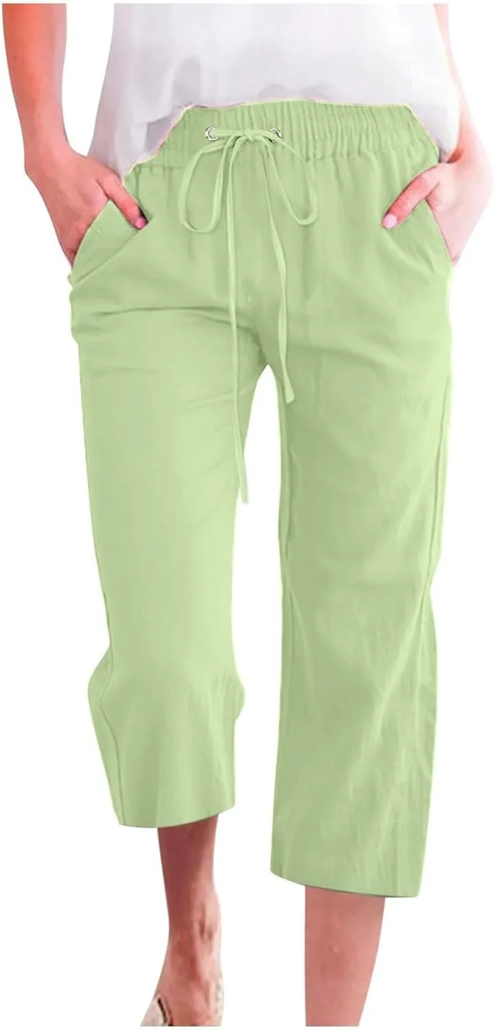 Capris Pants for Women Cotton Linen Casual Summer 2025 Straight Leg Loose Drawstring Elastic Waist Cropped Trouser