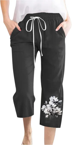 Capris Pants for Women Floral Print Comfy Drawstring Linen Pants High Waist Straight Leg Trousers with Pockets