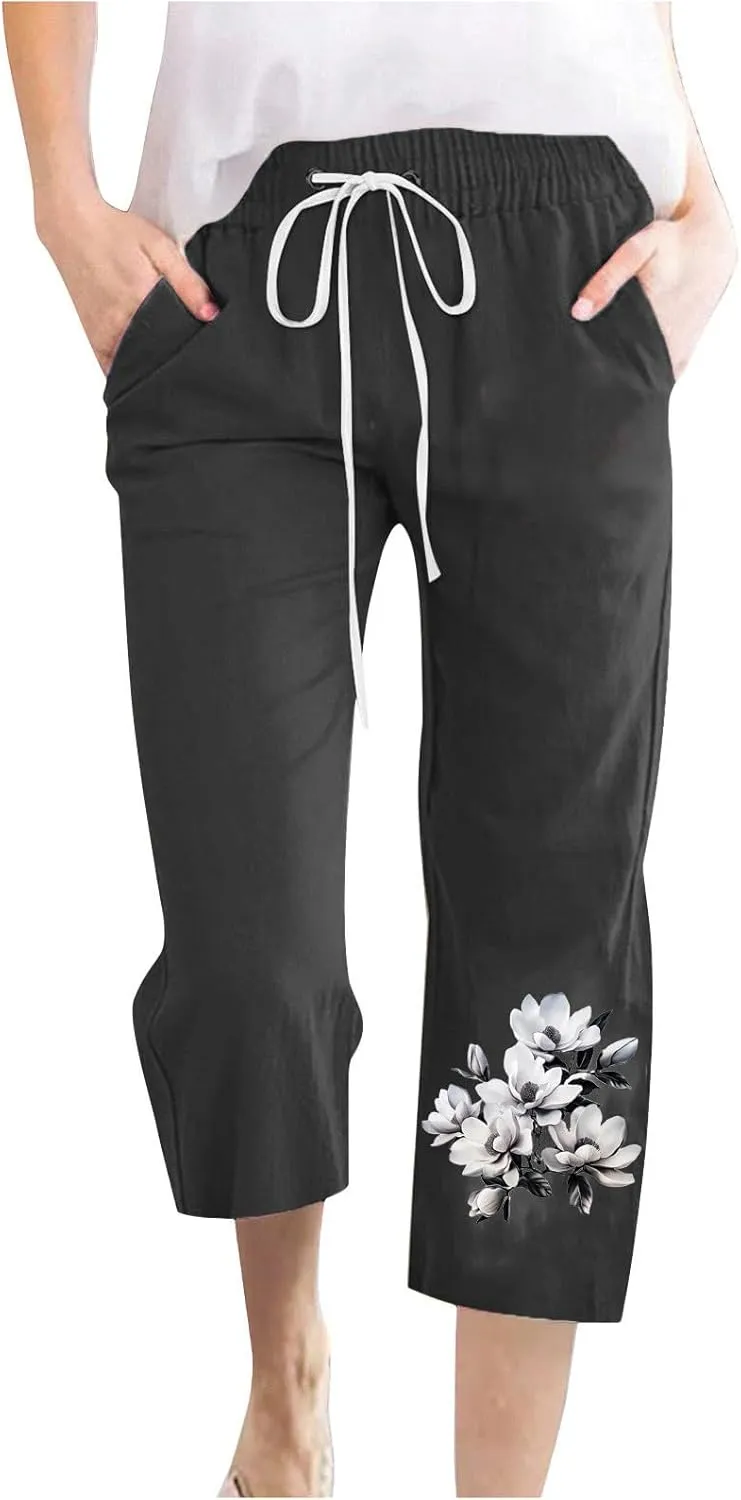 Capris Pants for Women Floral Print Comfy Drawstring Linen Pants High Waist Straight Leg Trousers with Pockets