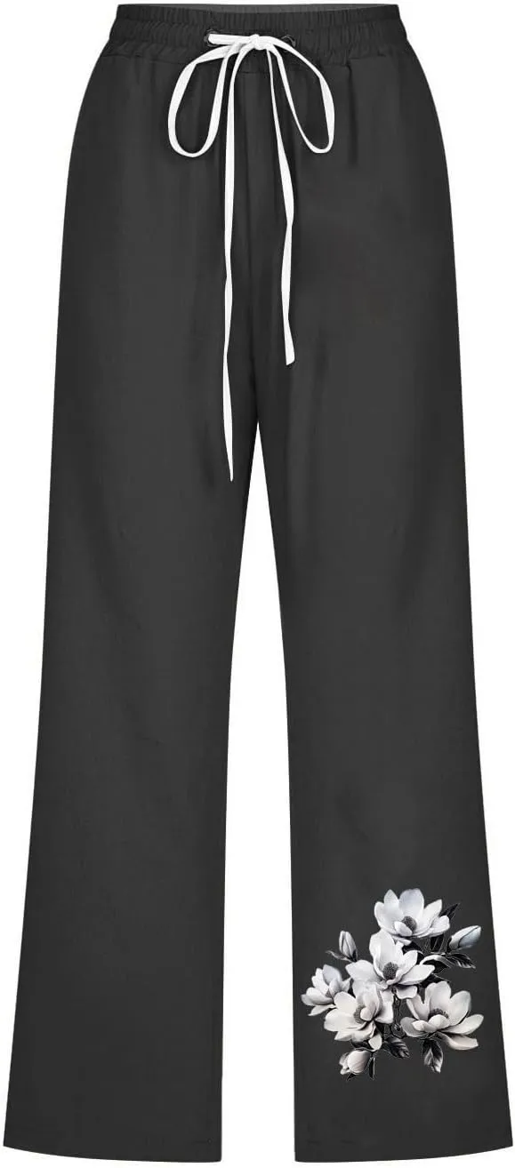 Capris Pants for Women Floral Print Comfy Drawstring Linen Pants High Waist Straight Leg Trousers with Pockets