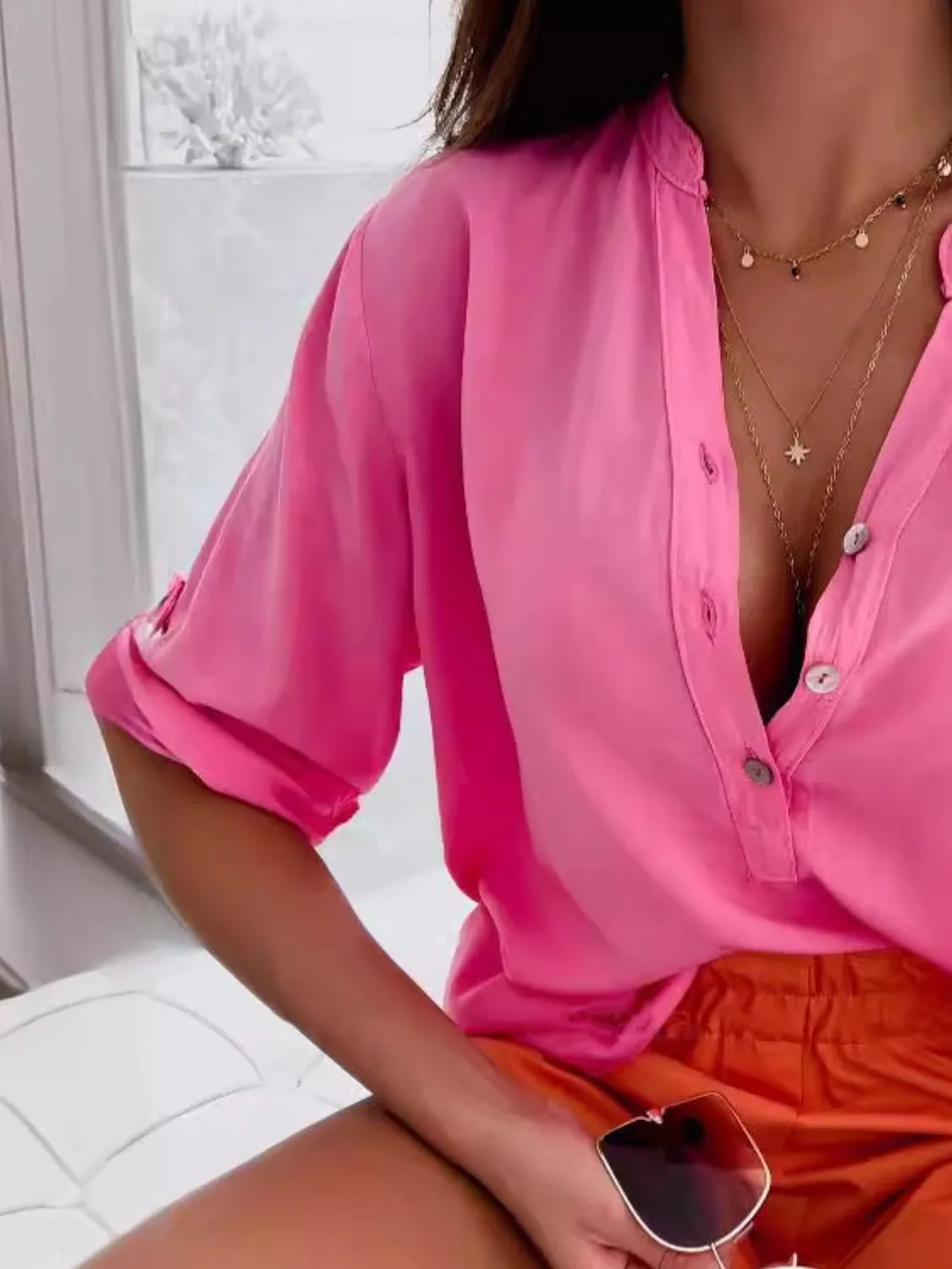 Cara Half Button Half Sleeve Cotton Linen Blouse