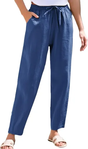 Cargo Pants Women, Wide Leg Pants Casual Peasant Linen Straight Trendy Drawstring