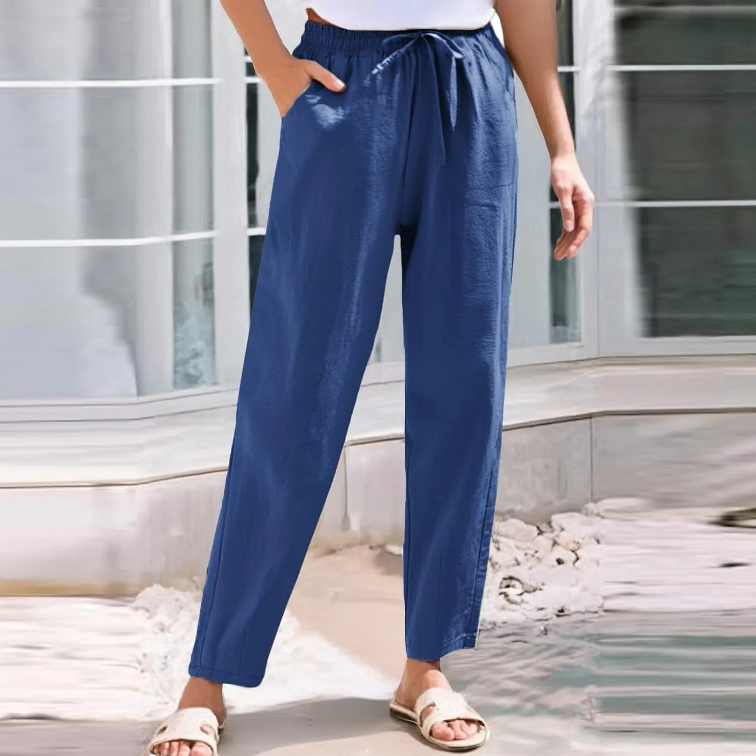 Cargo Pants Women, Wide Leg Pants Casual Peasant Linen Straight Trendy Drawstring