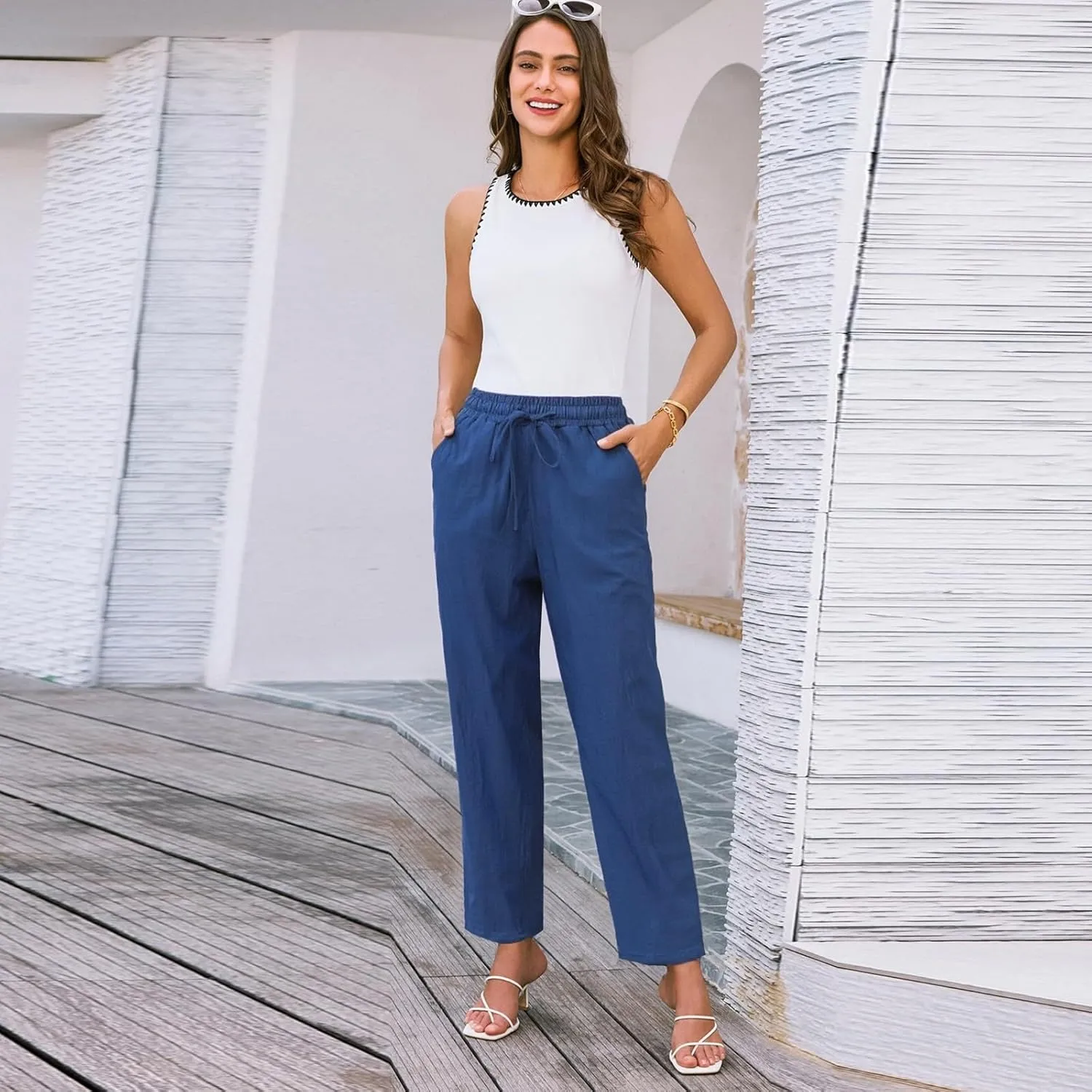 Cargo Pants Women, Wide Leg Pants Casual Peasant Linen Straight Trendy Drawstring