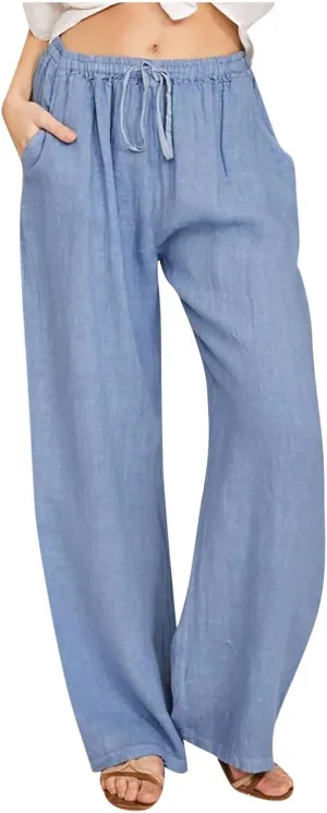 Casual Linen Pants Women 2024 Trendy Wide Leg Long Pant with Pockets Drawstring Summer Fall Palazzo Trousers, Large