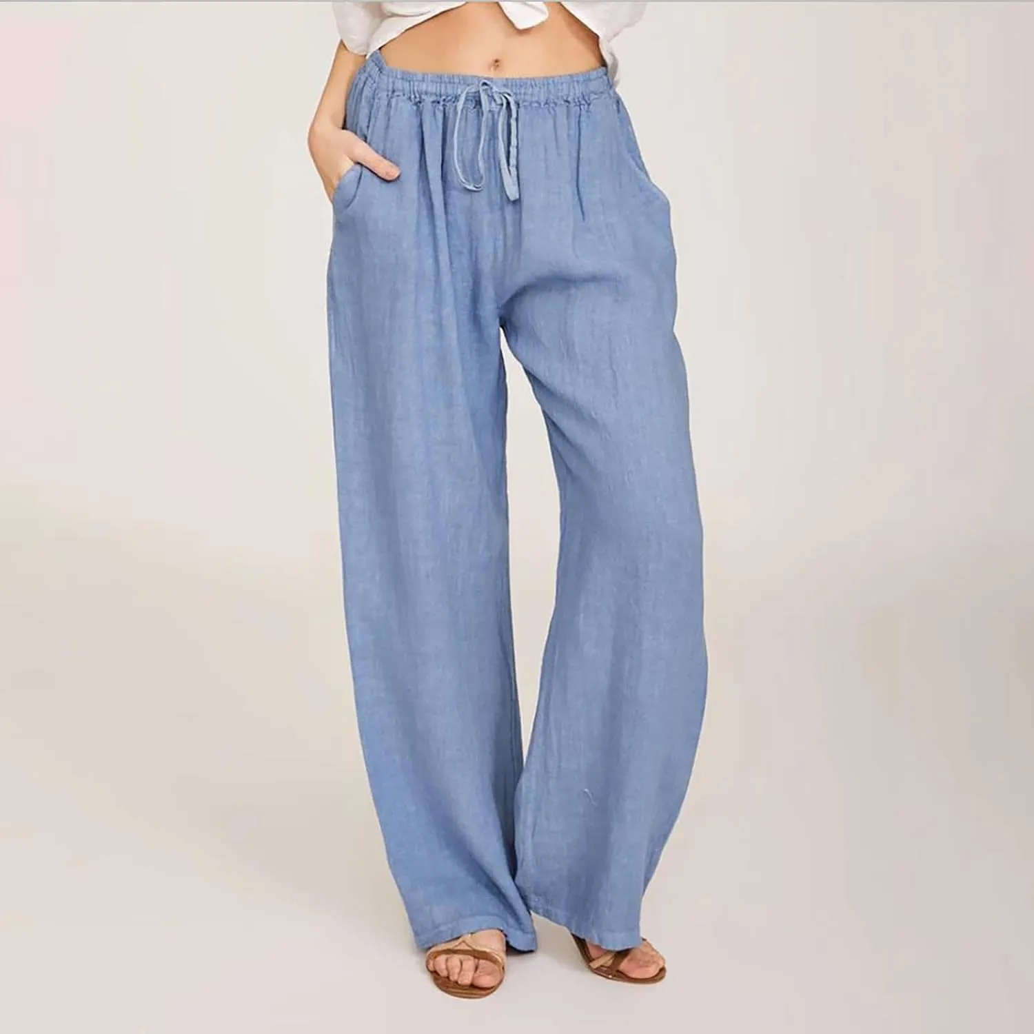 Casual Linen Pants Women 2024 Trendy Wide Leg Long Pant with Pockets Drawstring Summer Fall Palazzo Trousers, Large