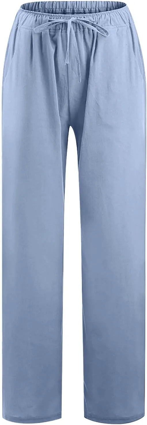 Casual Linen Pants Women 2024 Trendy Wide Leg Long Pant with Pockets Drawstring Summer Fall Palazzo Trousers, Large