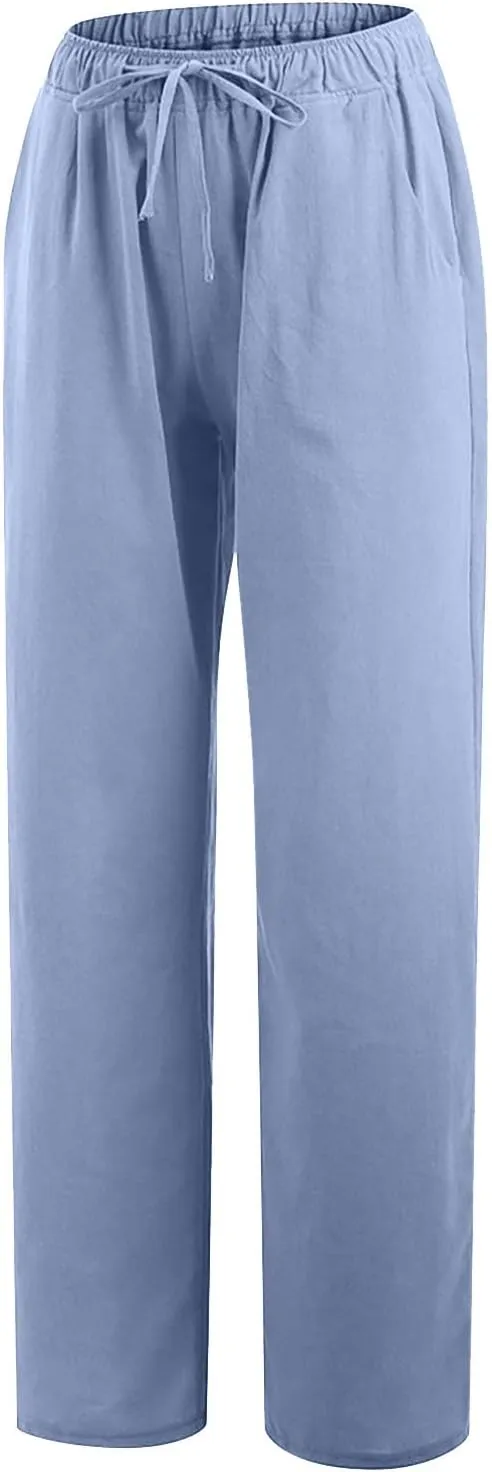 Casual Linen Pants Women 2024 Trendy Wide Leg Long Pant with Pockets Drawstring Summer Fall Palazzo Trousers, Large