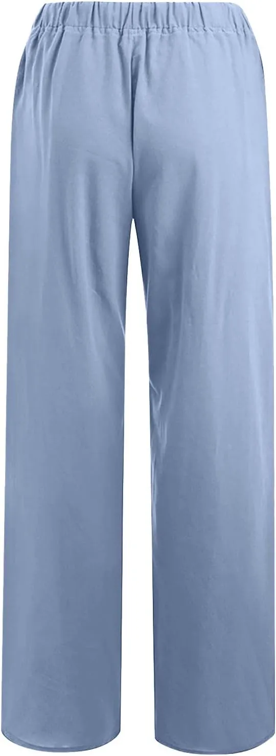 Casual Linen Pants Women 2024 Trendy Wide Leg Long Pant with Pockets Drawstring Summer Fall Palazzo Trousers, Large
