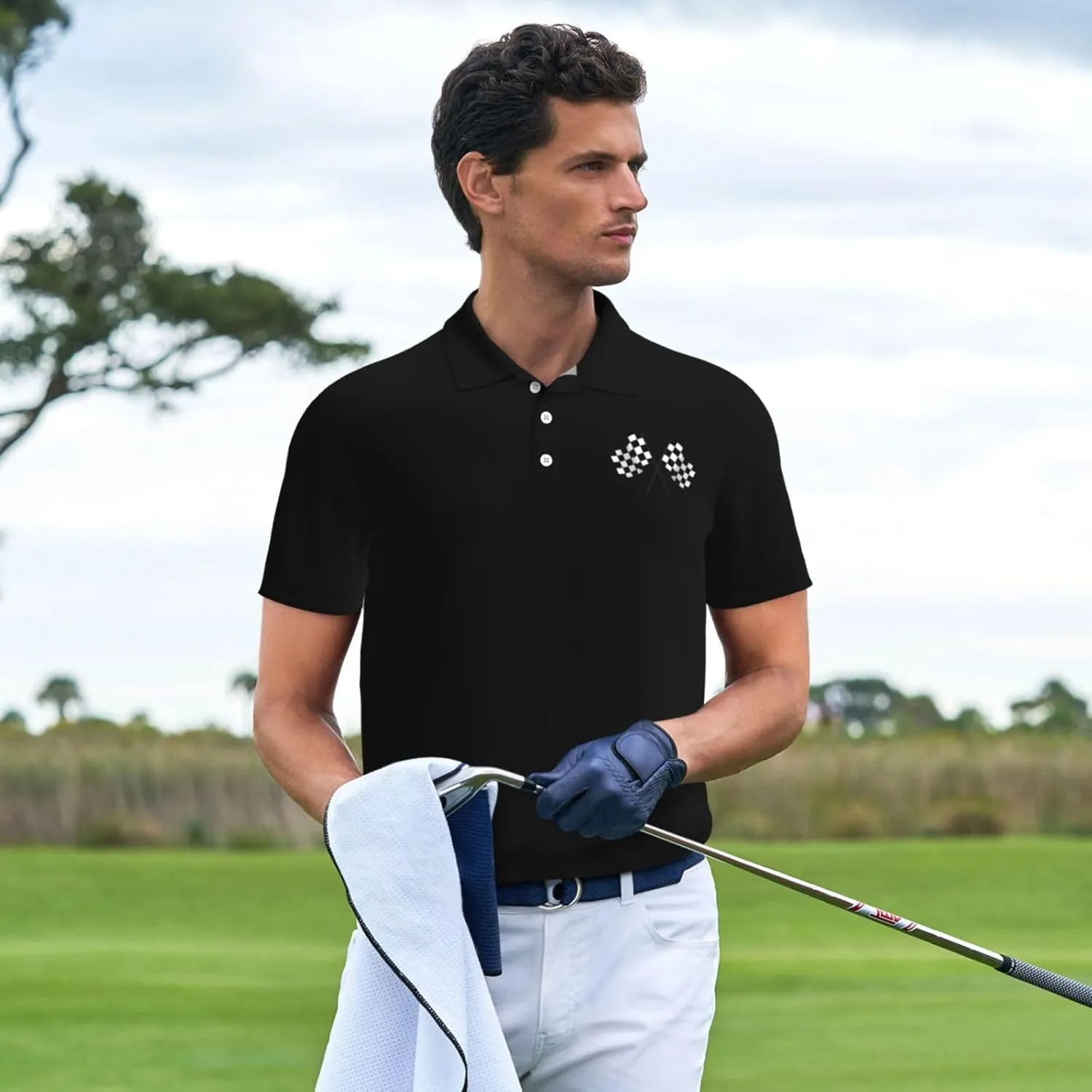 Checkered Flags Race Car Flag Polo Shirts for Men, Mens Golf Shirt Quick-Dry Short Sleeve Casual