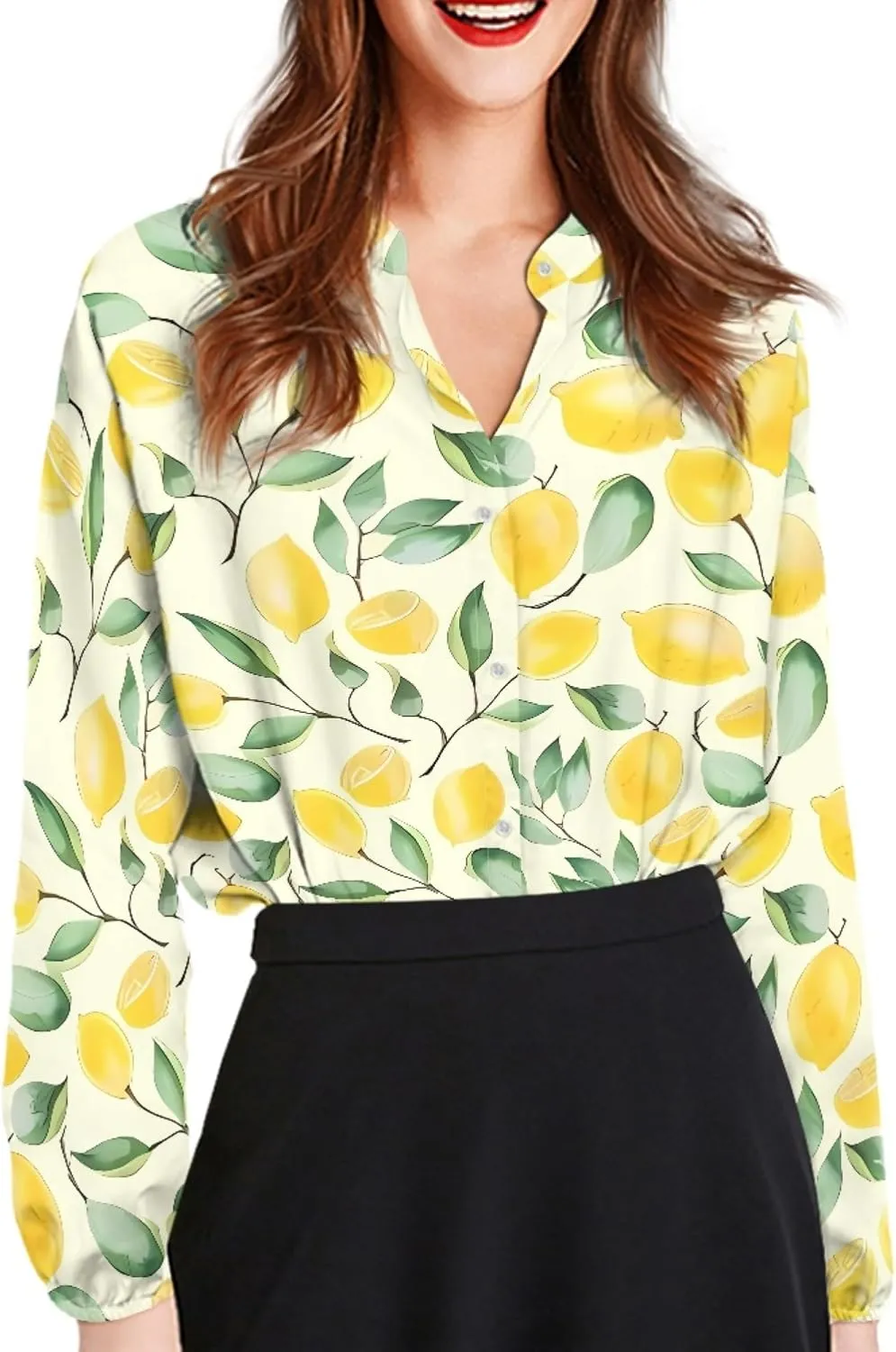 Coloranimal Women's Casual Long Sleeve Shirts Button Up V-Neck Blouse Tunic Tops Size S-5XL
